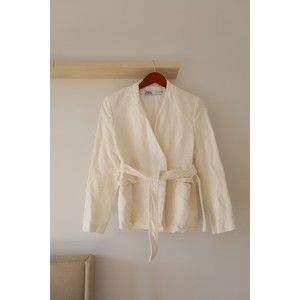 NWOT Zara Womens Sz S Belted Open Blazer Oyster White Thick Canvas